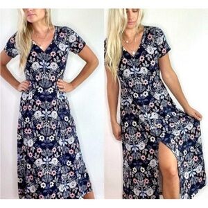 J. Jill Mirr Flora Button-Front Maxi Dress Short Sleeve Floral Navy Size Small